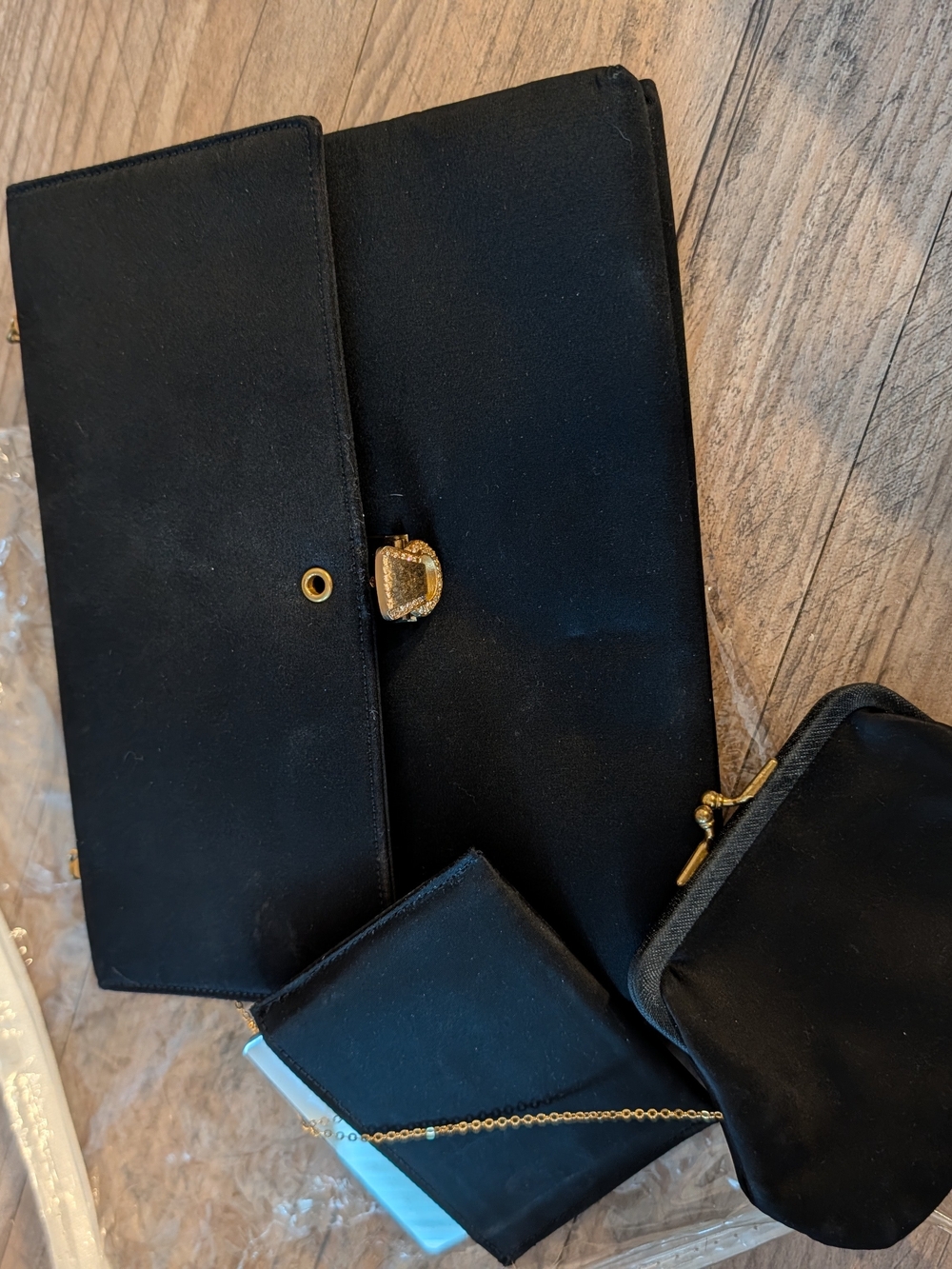 Black Satin Evening Purse With Attached Mirror And Change Purse